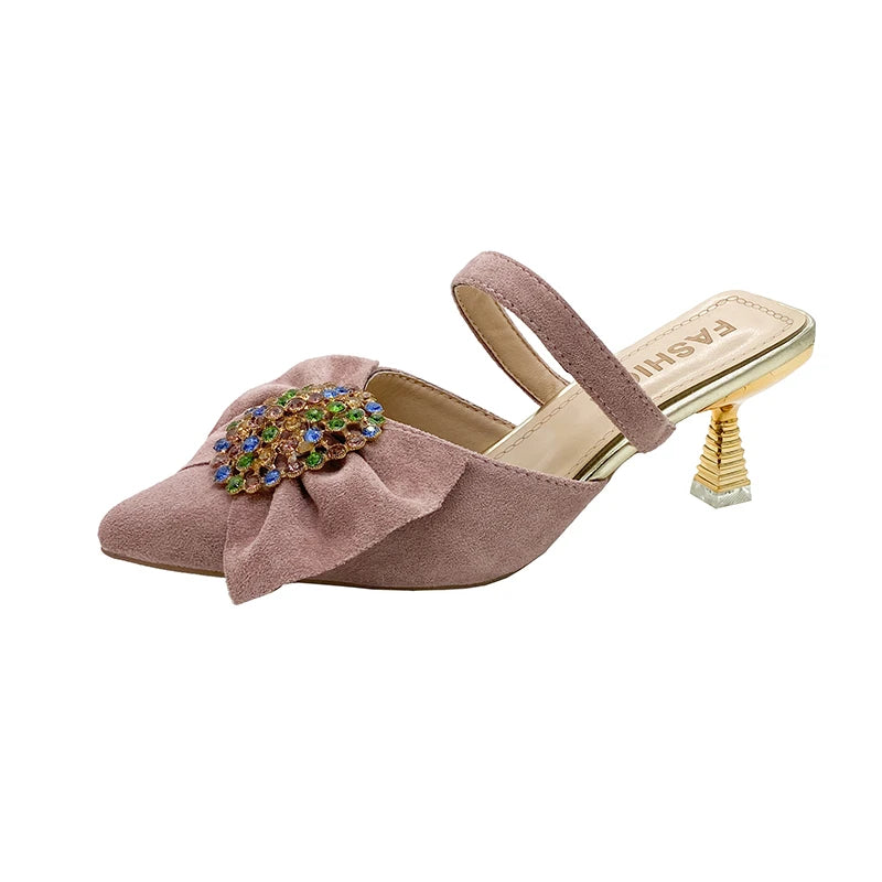 🍒Womens crystal sandals closed toe summer shoes pointed toe mules with bow kitten heel pumps smart casual footwear dress slippers for occasion wear Dont Be Disapointed Get your Point