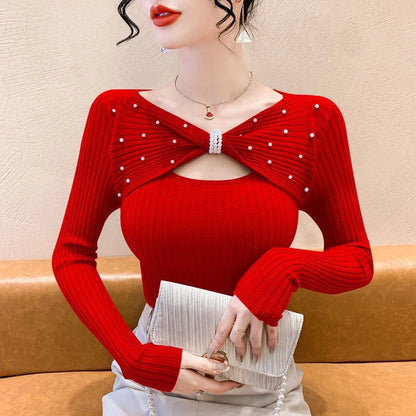 🍒Autumn/winter sweaters  with v neck women pullover fashion Y2k clothes solid bow pearls Long sleeve knitted tops smart casual occasion wear knit A Bow knot Into Your Fashion