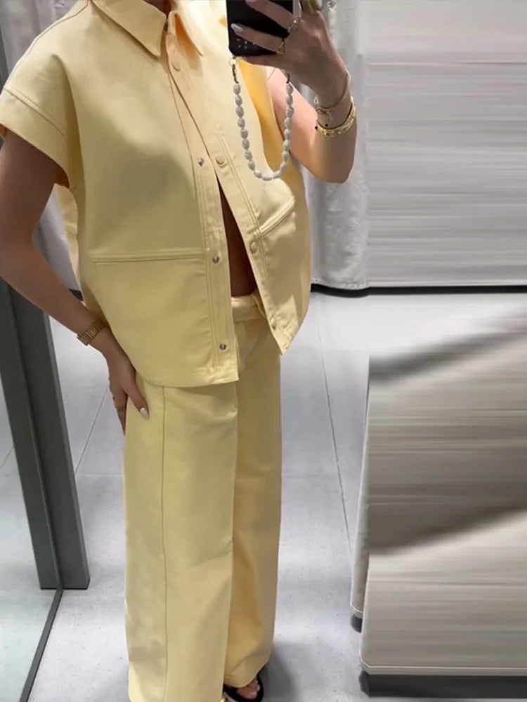 🍒Street style vest outfit with wide leg pants and short sleeve oversized jacket sets collar single-breasted waistcoat  women wide leg trousers summer casual outfits No PANTing in This SLEEVELESS