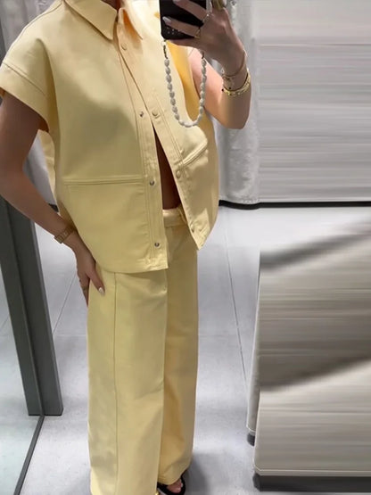 🍒Street style vest outfit with wide leg pants and short sleeve oversized jacket sets collar single-breasted waistcoat  women wide leg trousers summer casual outfits No PANTing in This SLEEVELESS