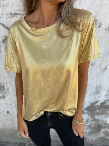 🍒Metalic loose top shiny short sleeve tee womens special occasion tops gold t-shirt o-neck fashion smart casual ladies clothes  Top 'Talic Tee