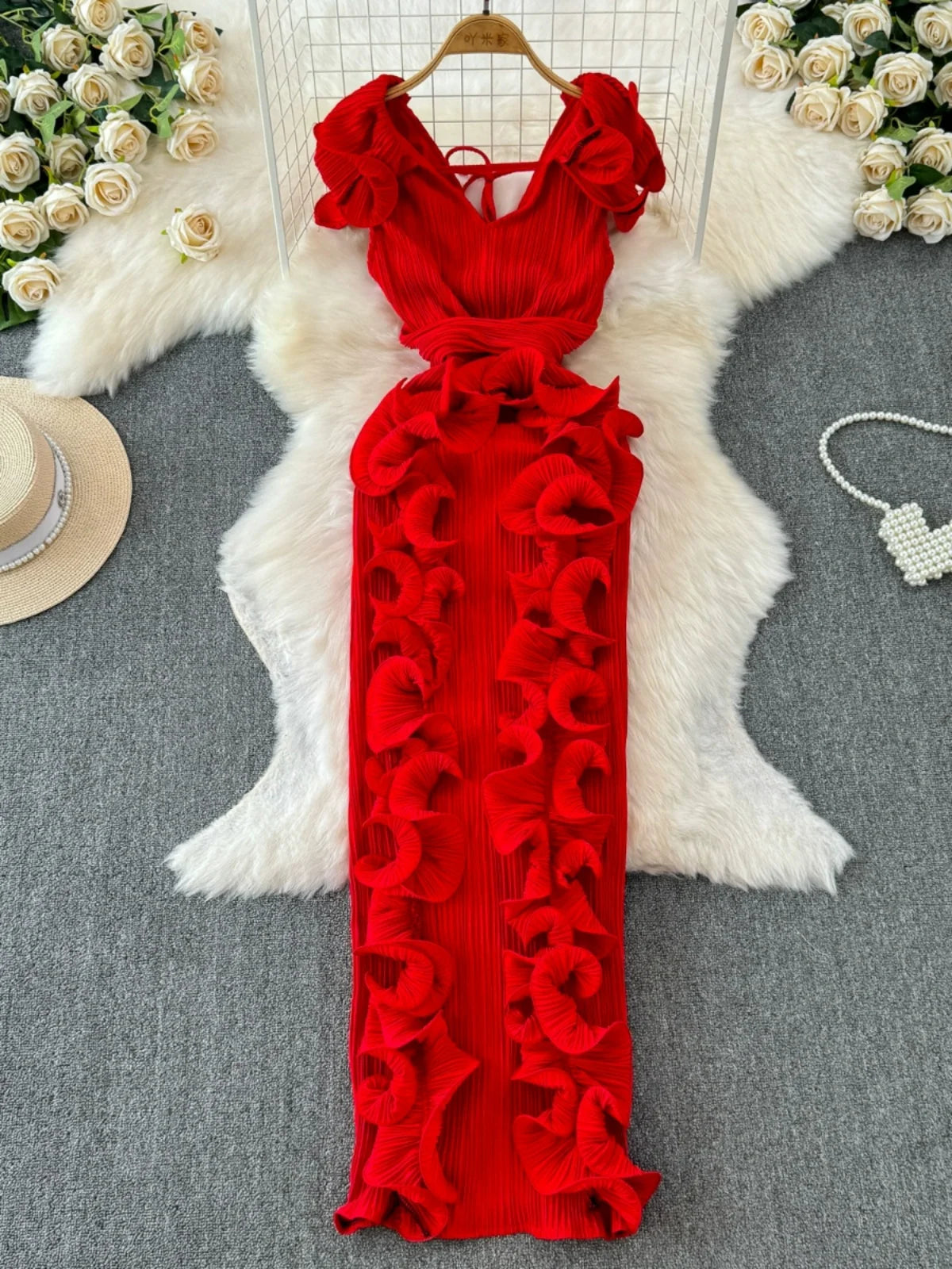 🍒Women's long dress slim fit occasion outfit with 3D pleats and ruffle hem sleeveless fashion wear party wear fashion clothing Look Smooth In Ruff-les