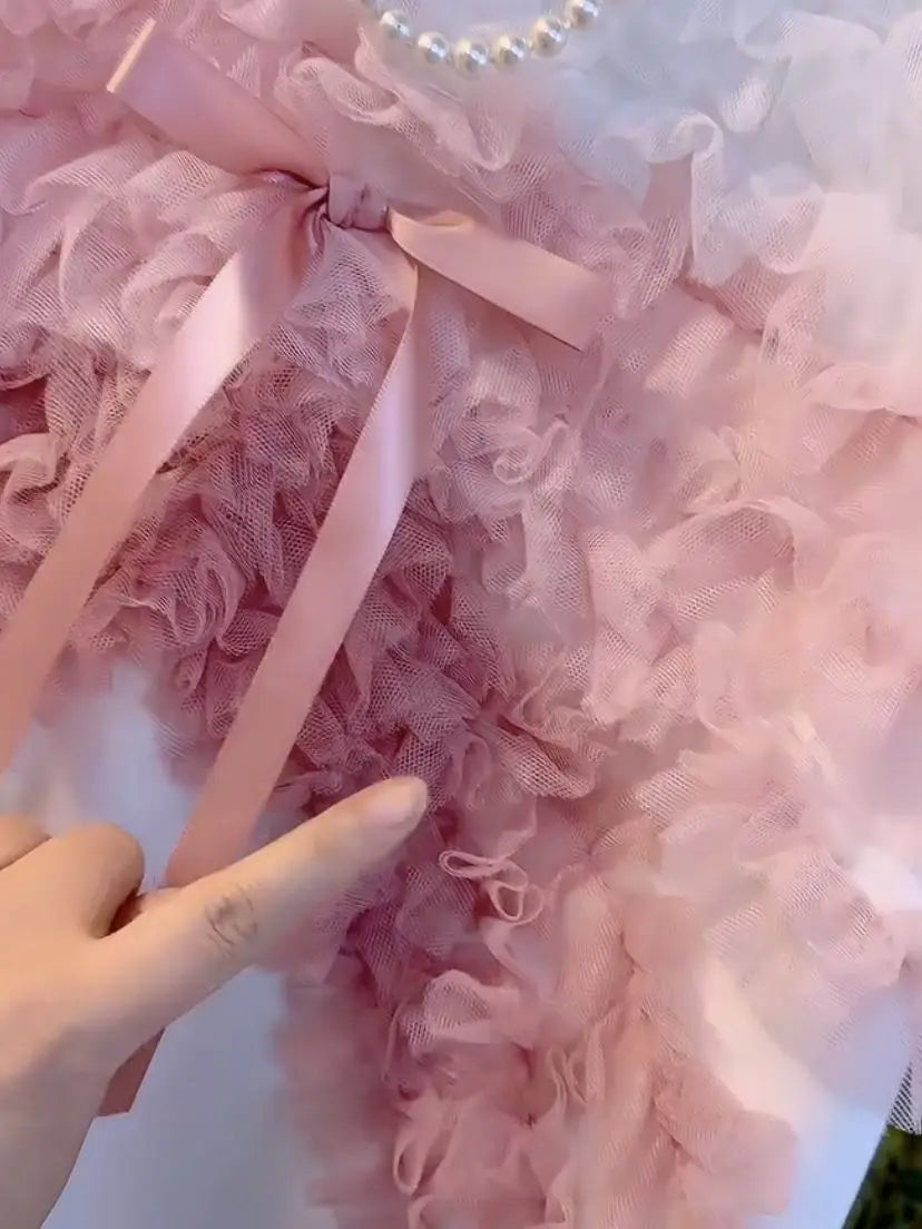 🍒Mesh lace ruffle tee shirt women 3d bow loose summer wear tops for girls mid length ruched chiffon t-shirt short sleeve  Perfect Partying Pink