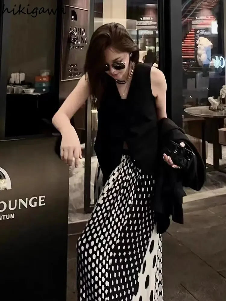 🍒Summer womens clothes mesh   high waist A-line skirt midi vintage style smart casual clothing polka dot fashion female loose long outfit occasion party wear Get Round In Spots