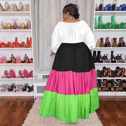 🍒Plus size womens dress colourful clothing puff sleeve maxi outfit long stleeve slash neck patchwork female casual wear Casual long dress Get Into Colour L-5XL