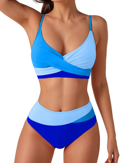 🍒Patchwork two piece swimsuit for women high waist bikini v-neck adjustable suspender type spaghetti strap backless swim set summer beach Vacation Swimwear  Drink Fruities In Your Fruity