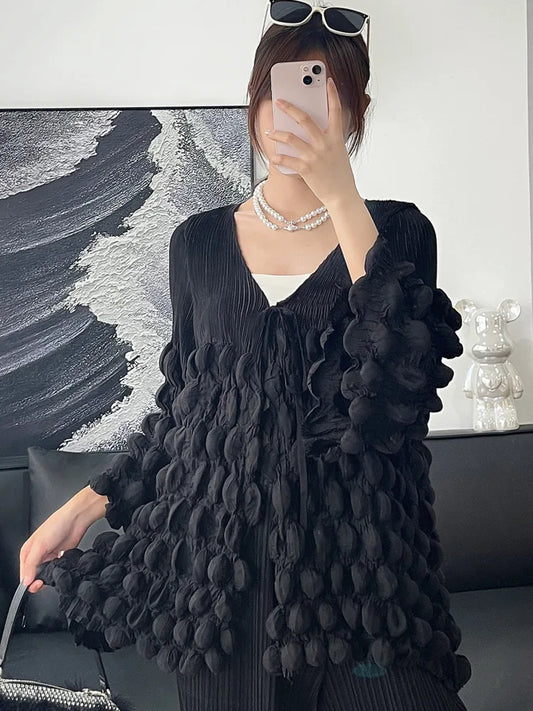 🍒Bubble sleeve pleated top with wrinkle tie strings top v neck design solid colour loose t-shirt smart casual clothes Bump Up Your Fashion