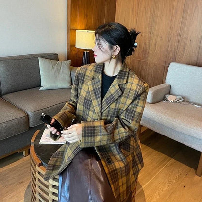 🍒Womens brown blazer vintage wool plaid Jacket autumn winter british style trendy eye catching yellow check coat long sleeve female smart casual clothing Chunky Check Charm
