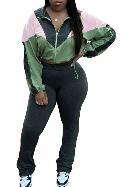 🍒Colour block 2 piece set outfit casual zipper tops women drawstring crop top plus high waist flare pants suit summer autumn fashion activewear outfits Lounge Lovely Kick Cumfy Or Fit Colour Into Your Keep Fit