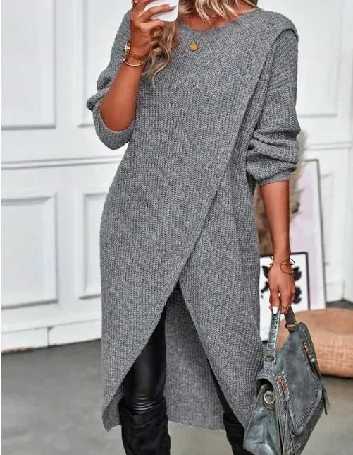 🍒Long knitted sweater women gray wool coat autumn winter  fashion warm maxi sweater dress Y2k fashion style No Spinning A Yarn This knit is Cool