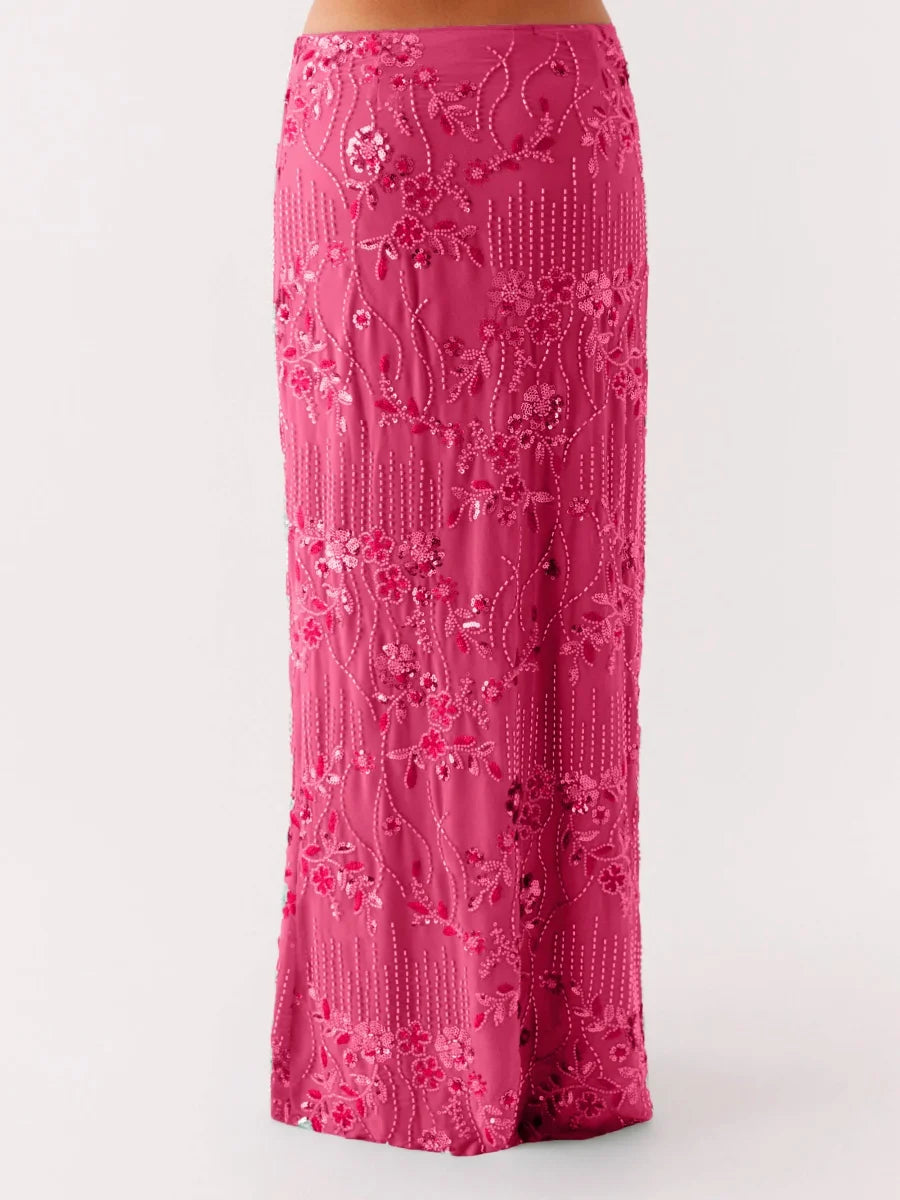 🍒Sequin maxi skirt high waist sparkle pearl embellished long  skirt for women glitter rhinestone fashion going out club clothes You Dont Need To Be At A Seaside ROCK This SWEET
