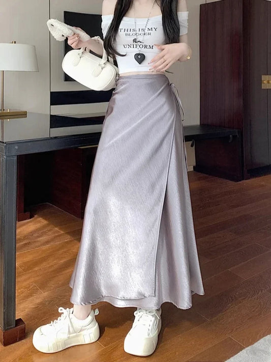 🍒Elegant high waist skirts for women fashion black grey satin skirt classic smart casual women  long skirt summer wear slinky silky skirty style