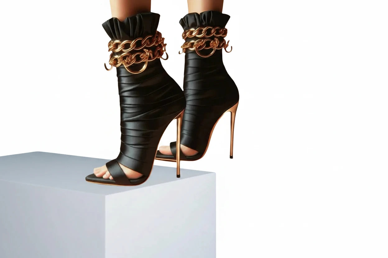 🍒Black chain boots for women gold trim sandal booties open toe pleated shoe heels for party ladies occasion footwear                  Get Sole-d With Black And Gold