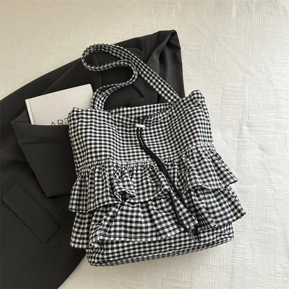 🍒Fashion ruffles check womens drawstring shoulder bag girls commuter womens simple shoulder bag tote bag large capacity handbags