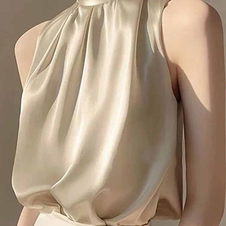 🍒Sleeveless turtle neck top sleeveless blouse womens Summer wear fashion pleated All-match over head camis Blue Blousey Beauty