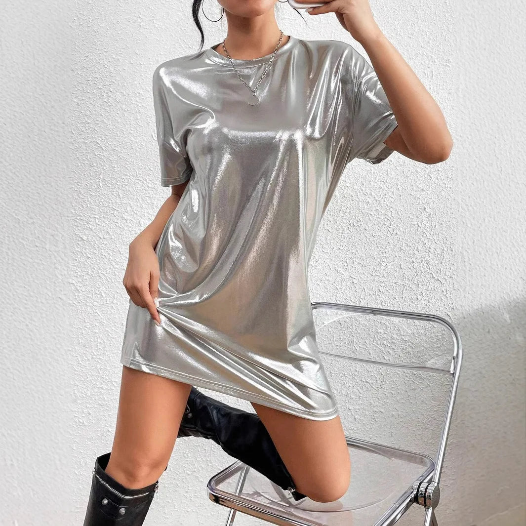 🍒Shiny t-shirt dress trendy o-neck outfit short-sleeved mini dress loose tee club wear party wear holiday wear beach party clothes Save Your Silvers keep Your Coppers