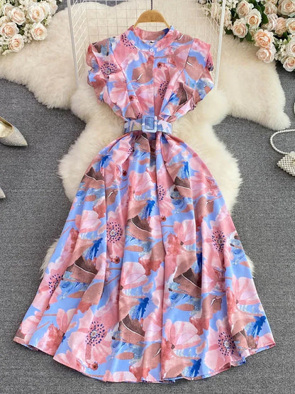 🍒 Printed midi dress high waist sleeveless a-line outfits elegant stand collar ruffle smart casual summer feminine fashion style Dont LEAF-e This In Your Basket Get This And You Will Be SKY High With Happiness