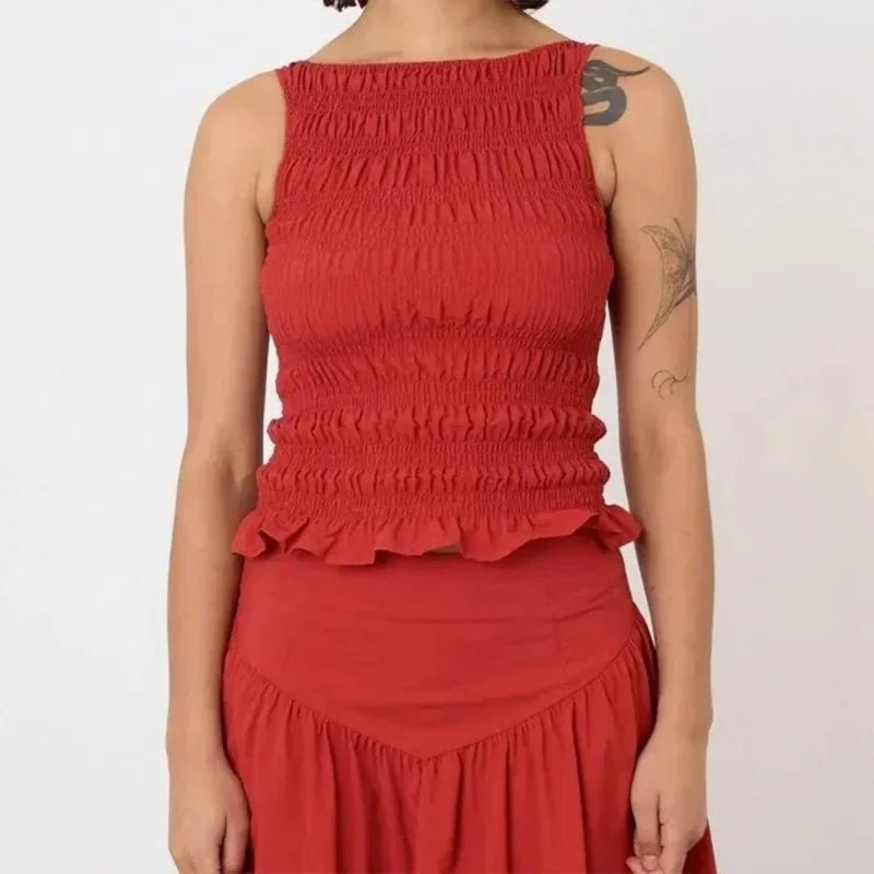 🍒Women Y2K smocked shirred tank top sleeveless crew neck frill ruffle crop top ruched pelpum going out tops party clubwear