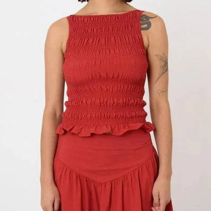 🍒Women Y2K smocked shirred tank top sleeveless crew neck frill ruffle crop top ruched pelpum going out tops party clubwear