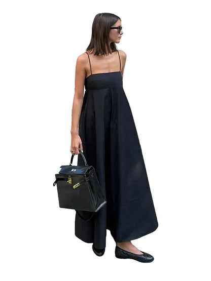 🍒Solid backless spaghetti strap dress women's summer fashion loose high waist a-line outfit summer holiday wear Back Black