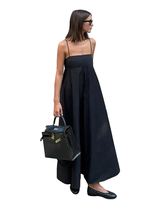 🍒Solid backless spaghetti strap dress women's summer fashion loose high waist a-line outfit summer holiday wear Back Black