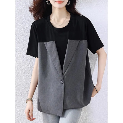 🍒Fake two-piece t-shirt short-sleeved tee womens oversized summer t-shirt high-end design blazer tops Jacket A T-Shirt Jacket