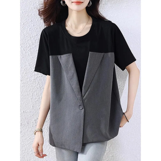🍒Fake two-piece t-shirt short-sleeved tee womens oversized summer t-shirt high-end design blazer tops Jacket A T-Shirt Jacket