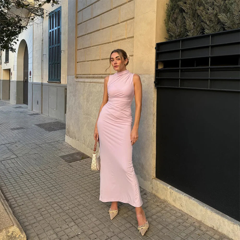 🍒Summer women's fashion solid colour ruched dress party occasion clothing midaxi outfit sleeveless