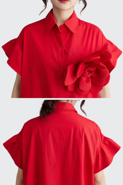 🍒Summer loose dress artistic high low ruffle trim outfit with 3D flower cotton blend office smart casual women mid-length a-Line Don’t Get Ruffled Pick A Flower And Ease lnto Summer