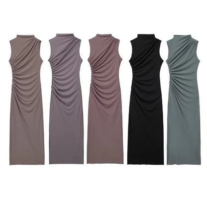 🍒Summer women's fashion solid colour ruched dress party occasion clothing midaxi outfit sleeveless