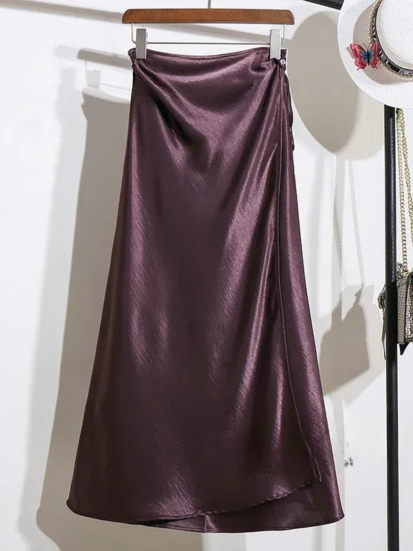 🍒Elegant high waist skirts for women fashion black grey satin skirt classic smart casual women  long skirt summer wear slinky silky skirty style