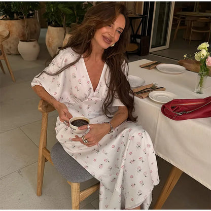 🍒Summer printed v-neck dress  with flower print womens fashion slim fit waist short butterfly sleeve long summer outfit with short sleeves high waist office wear cute comfy casu classy