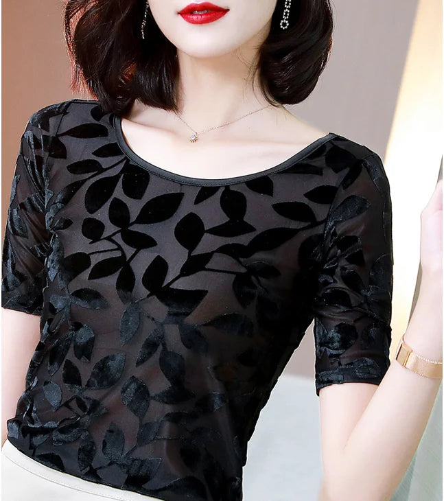 🍒Summer tops for women round neck velvet top devore t-shirt fashion flower gauze short sleeve tee smart casual clothing