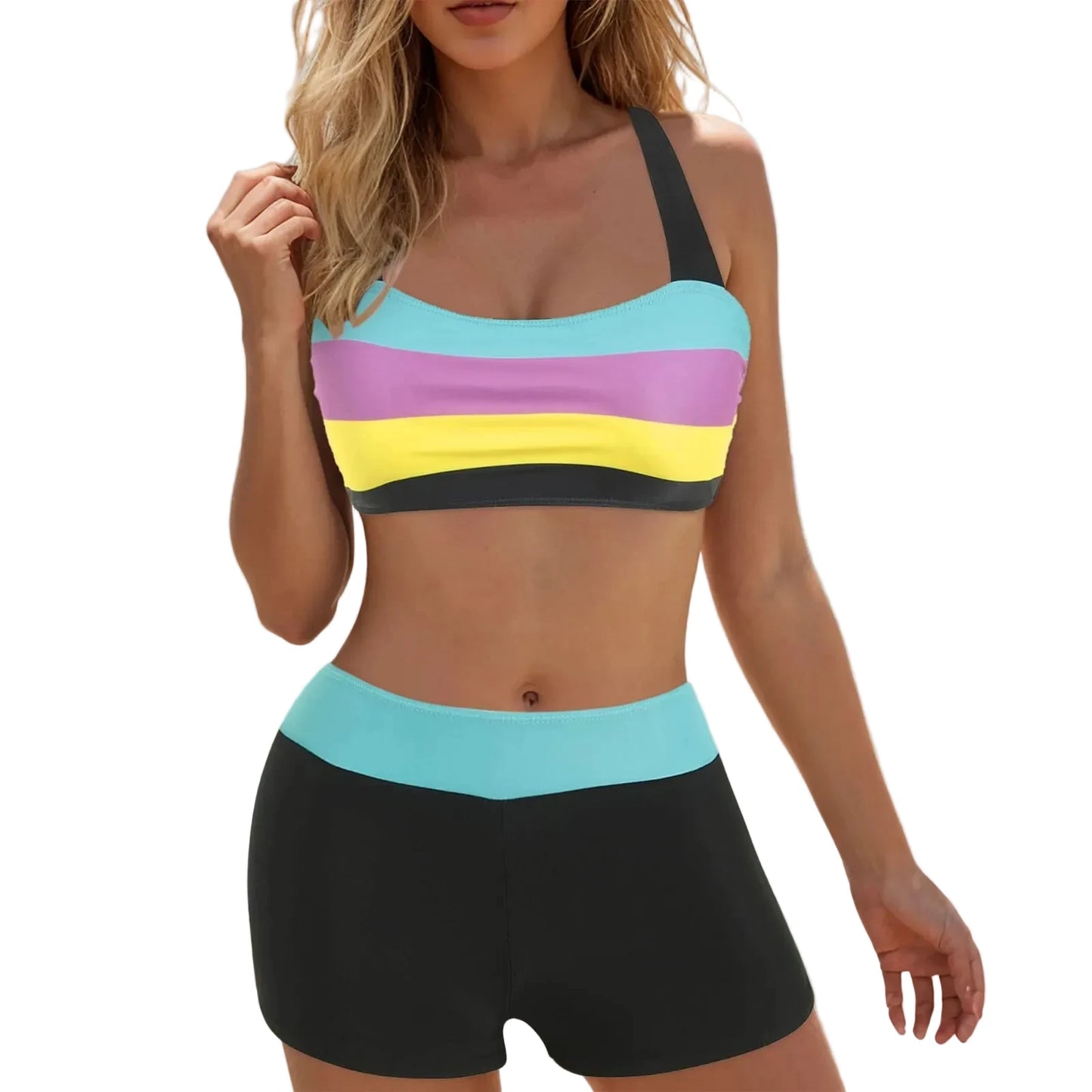 🍒Women's high waisted bikini sets sporty two piece swimsuit colour block bathing suit women's stripe swim wear Ride On A Wave In Cool  ‘ Kinis
