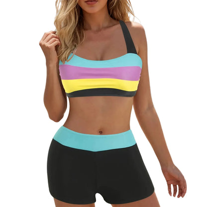 🍒Women's high waisted bikini sets sporty two piece swimsuit colour block bathing suit women's stripe swim wear Ride On A Wave In Cool  ‘ Kinis