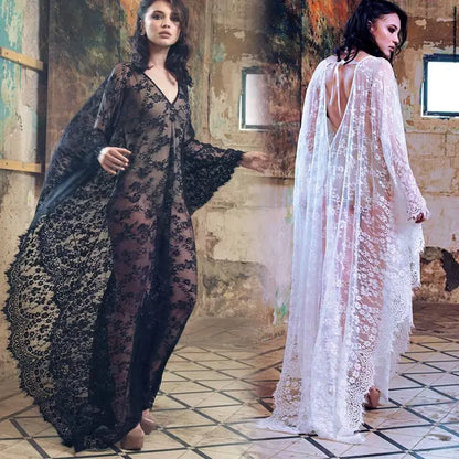 🍒Lace beach cover up robe Beachwear swim dress holiday outfits women black white swimsuit see-through beach wear Net This Lace