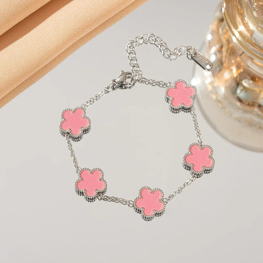 🍒Five leaf clover bracelet flower petal shell bracelet for women double sided blossom flower smart casual stainless steel jewellery colourful accessories delicate and durable