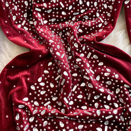 🍒Bodycon o-neck long sleeve dress glitter rhinestone outfit velvet chic vintage style clothing chic autumn fall fashion party occasion wear Get Wine Stoned