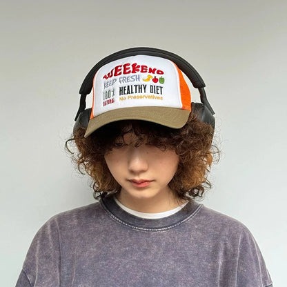 🍒Embroidered baseball caps fresh fruit and wording motif baseball hats unisex fashion colour block trucker caps sunshade casual breathable versatile accessories