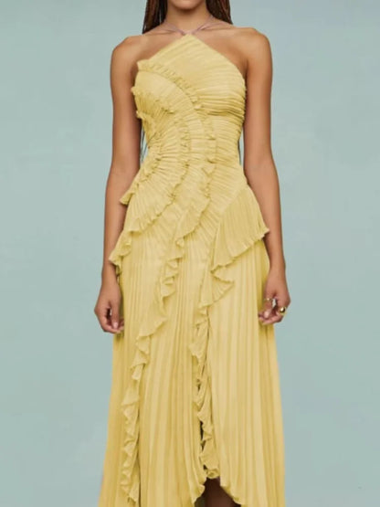 🍒Ruffles evening gown elegant neck strap pleated a-line midi dress solid color summer outfits backless vacation wear Y2k fashion party occasion wear       Get This Ruffle You'll Be Frilled