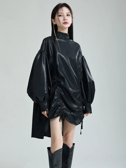 🍒Womens leather top drawstring turtle neck oversize jacket spring autumn fashion long sleeve outwear top smart casual clothing Get Looks In A Leather Look