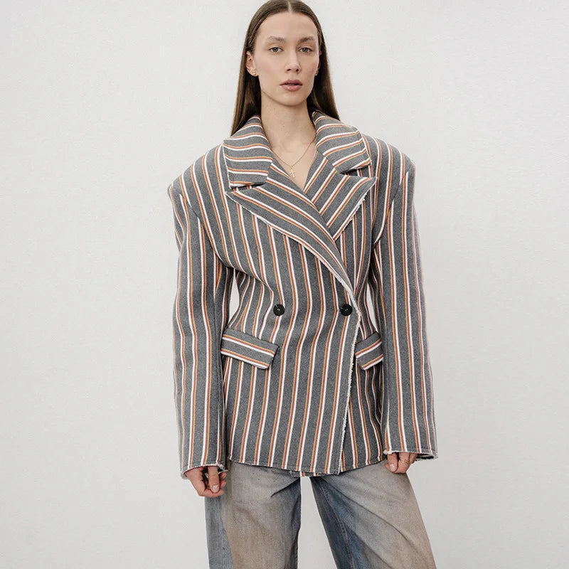 🍒Striped print blazer women's full Sleeve jacket with notched lapel collar double breasted spring coat fashion wear office clothing   Look Chocolate In Orange