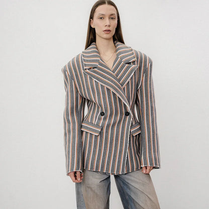 🍒Striped print blazer women's full Sleeve jacket with notched lapel collar double breasted spring coat fashion wear office clothing   Look Chocolate In Orange