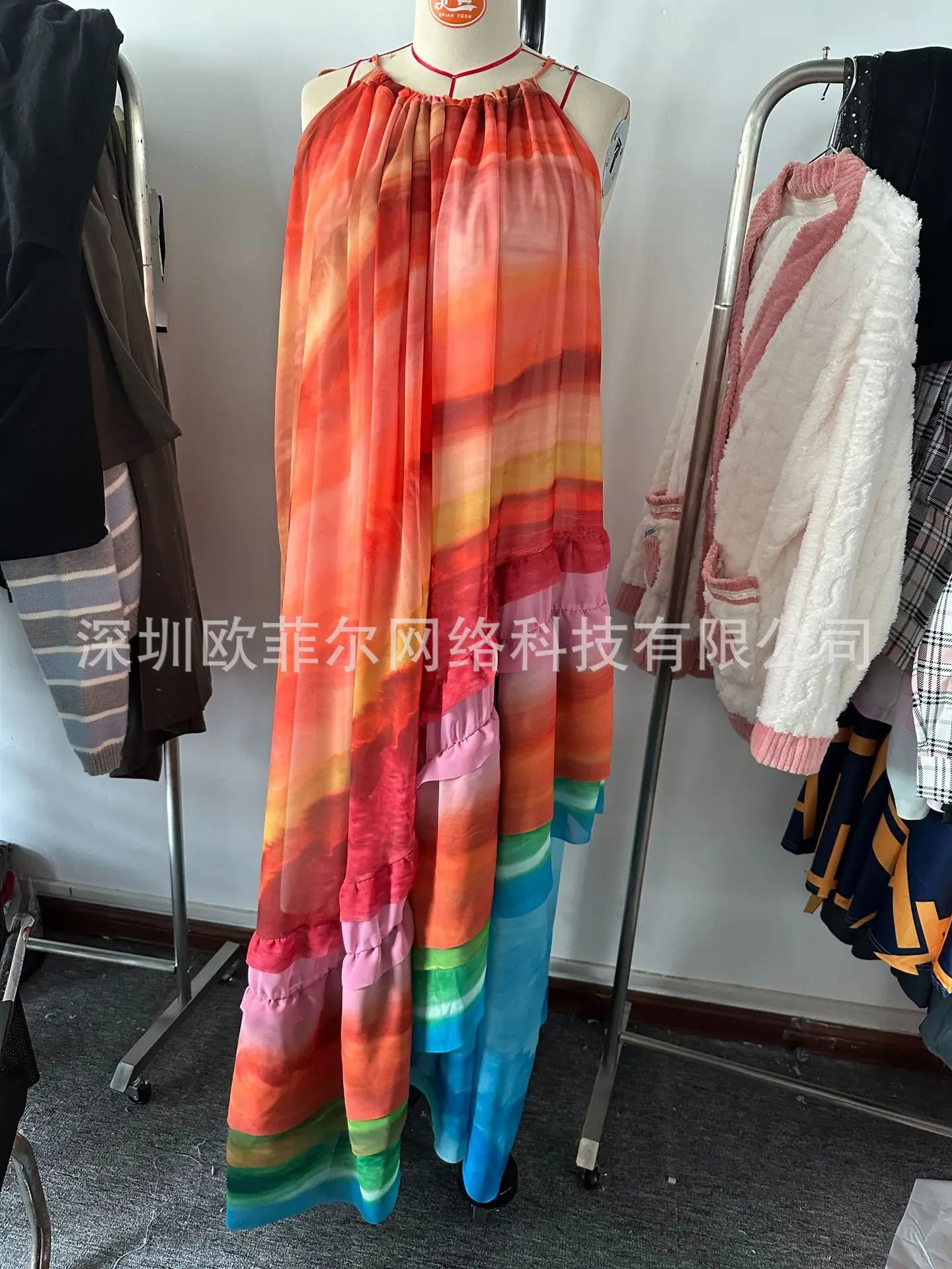 🍒Chiffon neck tie dress womens spring summer outfit printed sleeveless maxi dress colourful print party wear loose dresses for occasions Multiply Multi colour