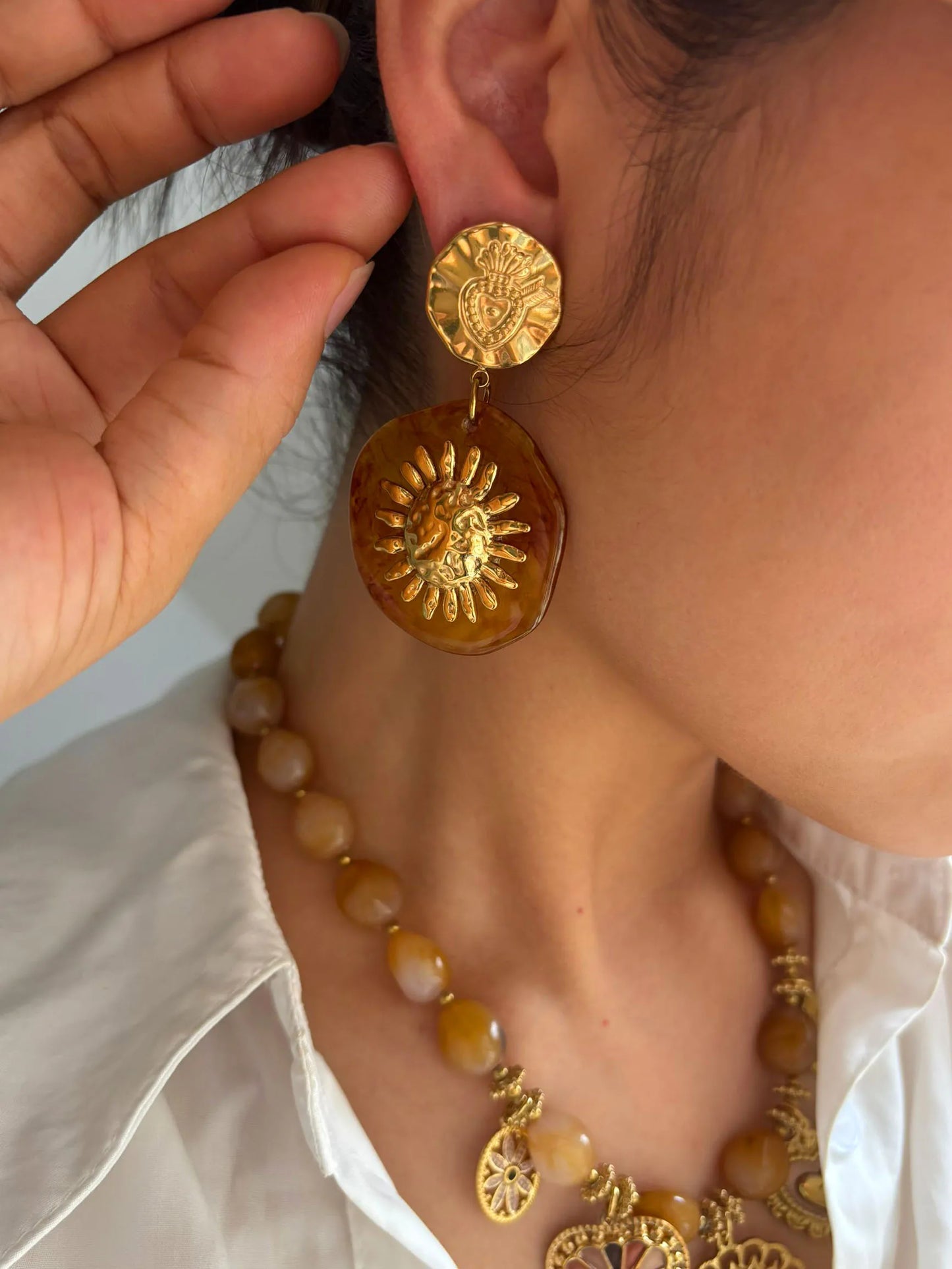 🍒 Vintage amber resin golden sun drop earrings for Women trendy stainless steel party earings daily jewellery Waterproof DROP in And STEEL The Attention