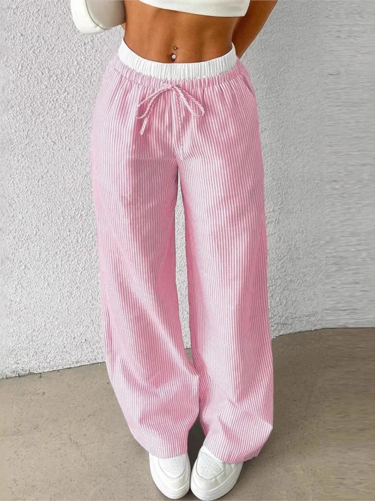 🍒Womens striped trousers Summer fashion streetwear straight casual trousers with elasticated waist versatile slim pants high waist long pants Secure Your Summer StripeyStripe