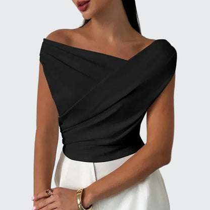 🍒Fashion office wear female slash neck top sleeveless one shoulder top for women elegant summer shirt white black off shoulder top holiday wear blouses smart casual vacation clothes Make No Mistake Close This Drape