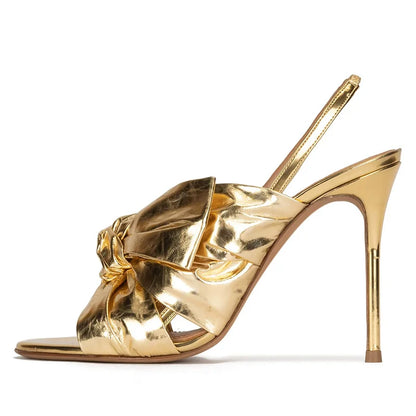🍒Metalic bow shiny gold shoes occasion stilettoe sandals sling back thin high-heeled party wear                      🍒        High wedge platform shoe sling back open toe sandal with front bow  Gonna Get Golden Oldie Golds