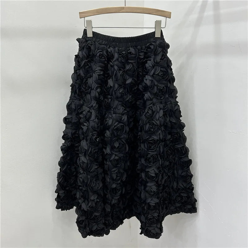 🍒3D flower skirt versatile flower mid-calf a-line fashion wear for women high waist big swing feminine outfit occasion wear party wear chic floral high waist a-line sweet solid colour clothing Pick This Rose And Put It In Your Basket