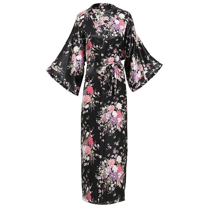 🍒Satin robe women plus size  with flowers peacock print kimono lounge gowns for women bride bridesmaid wedding bathrobe silky nighrwear Sittin' Satin Style